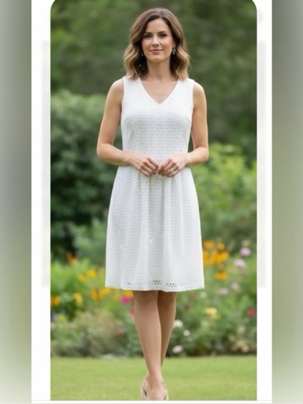 Pendleton Eyelet Lace Dress Women 16 White Cotton Sleeveless Shift V-Neck